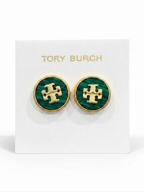 Tory Burch Green Malachite Gold Stud Earrings